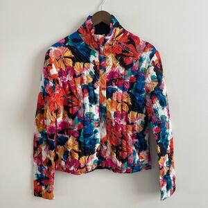 UBU | Women’s Reversible Bright Floral & Solid Black Crinkle Jacket Full Zip Up
